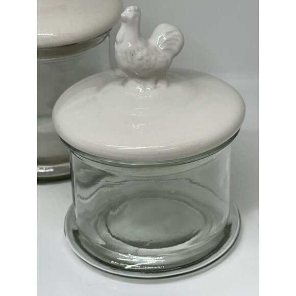 VTG Glass Canister Jar Set of 2 Porcelain Rooster Lids Farmhouse Kitchen Decor - Picture 3 of 12